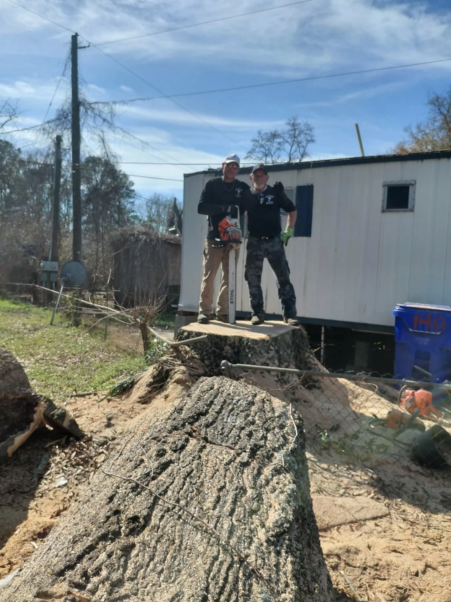 Stacks Tree Service crew standing on a massive freshly cut tree stump after a removal in Summerville, SC